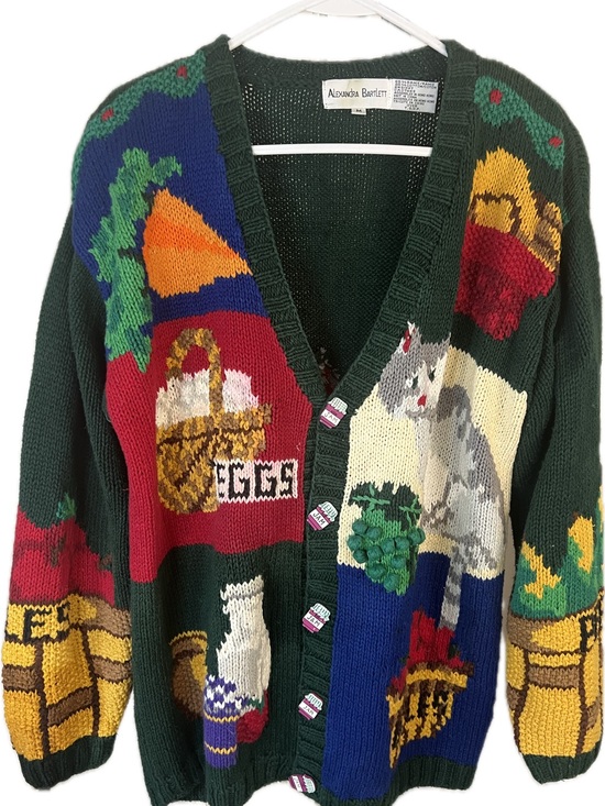 Alexandra Bartlett Sweaters - Alexandra Bartlett Vtg 80’s Maximalist Hand Knit/embroidered cat/food cardigan